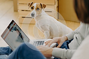 Unrecognizable man works on laptop comuter, keyboards and surfs internet webpage, sits on floor near carton boxes, searches new