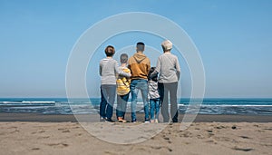 Unrecognizable people in the beach backwards watching the sea