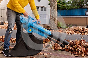 Unrecognizable person with machine that blows and vacuum leaves