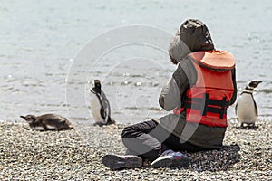 Unrecognizable person sitting on a rocky beach in Puerto Deseado in Argentine Patagonia observing the Magellanic penguins that are