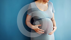 Unrecognizable pregnant woman smiling and holding her big belly caringly against blue wall background. Generative AI