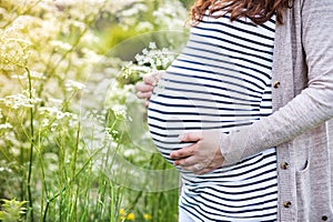 Unrecognizable pregnant women holding her belly. Summer nature.