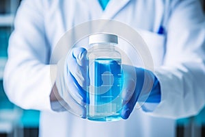 Unrecognizable unknown person doctor chemist biotechnologist medical worker scientist hands holding glass bottle blue