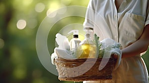 An unrecognizable woman is holding a basket with ecological cleaning products