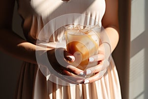 unrecognizable woman holding iced coffee in glass, beige tones, natural light. AI Generated