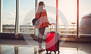 Unrecognizable woman looking at lounge looking at airplanes while waiting