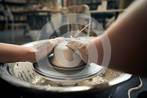 Unrecognizable woman making ceramic pot on pottery wheel