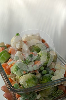 Unrecognizable woman showing Frozen mixed vegetables homemade. Harvesting concept. Stocking up vegetables for winter