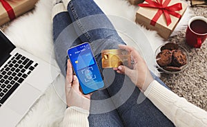 Unrecognizable Woman Using Smartphone Paying With Mobile Wallet Sitting Indoors