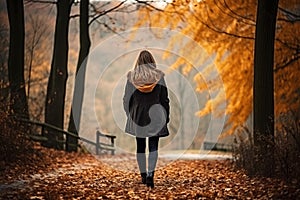 Unrecognizable woman walking on autumn forest nature path, active outdoor trail in woods background