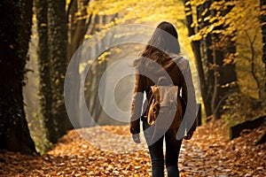 Unrecognizable woman walking on autumn forest path in woods active outdoor nature trail