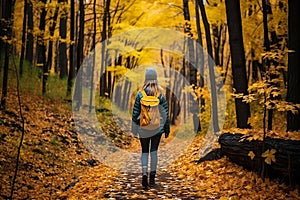 Unrecognizable woman walking in autumn forest, surrounded by vibrant foliage on nature trail