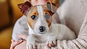 Unrecognizable woman wearing knitted sweater and mom jeans with cute doggy on her lap. Close up, Generative AI