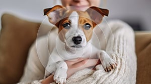 Unrecognizable woman wearing knitted sweater and mom jeans with cute doggy on her lap. Close up, Generative AI