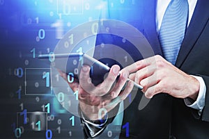 Young man coder with tablet, binary numbers