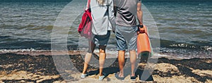 Unrecognizable Young Couple Travelers Man And Woman Standing On Seashore And Enjoying View Adventure Travel Journey Relax Concept