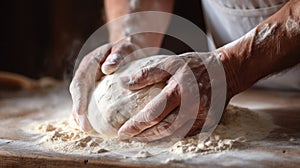 Unrecognizable young man kneading dough on wooden table. Males hands making bread on dark background. Selective focus.