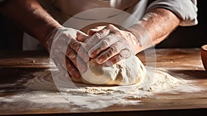 Unrecognizable young man kneading dough on wooden table. Males hands making bread on dark background. Selective focus.