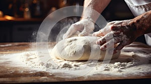 Unrecognizable young man kneading dough on wooden table. Males hands making bread on dark background. Selective focus.