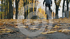 Unrecognizable young man riding bicycle through city park among colorful trees. Sporty guy cycling outdoor in autumn day
