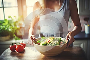 Unrecognizable young woman cooking healthy food in the kitchenDieting concept and healthy lifestyle.