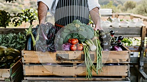 Unrecognized chef gathering ripe organic vegetables at a local agricultural farm photo