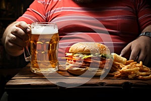 Unrecognized figure grips beer and hamburger, representing undisclosed indulgence and anonymity