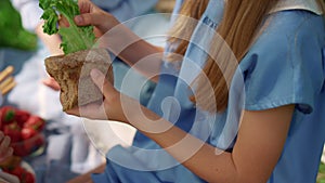 Unrecognized girl hands holding sandwich closeup. Family lunching on nature.