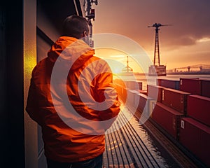 Unrecognized man in orange blazer looking at containers in docks. Port engineer watching the sunset. Generative AI