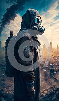 Unrecognized person wearing protective suit and radiation mask. Post-apocalyptic scenery in ruins and smoke at backdrop.