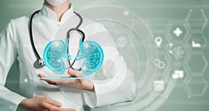 Unrecogrnizable female doctor holding graphic virtual visualization model of kidneys organ in hands. Multiple medical icons on the