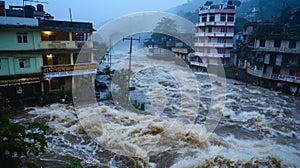 The unrelenting monsoon rain causes the fast flowing river to rise higher and higher threatening to overcome nearby