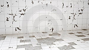 Unrenovated bathroom with many broken tiles - 3D Rendering