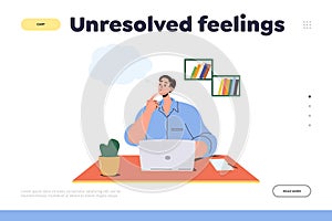 Unresolved feelings landing page template with cartoon thoughtful man working on laptop in office