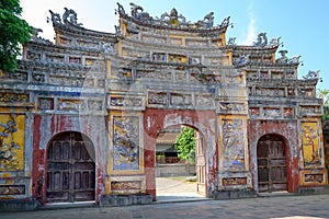 Unrestored ancient gate of Imperial City Hue, Vietnam. Gate of the Forbidden City of Hue.