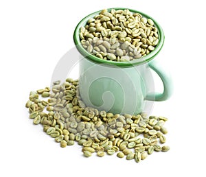 Unroasted coffee beans in green mug