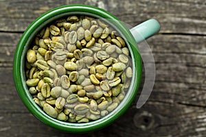 Unroasted coffee beans in mug