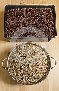 Unroasted cofffee beans and roasted