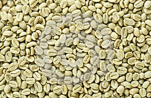 Unroasted green Arabica coffee beans flat surface