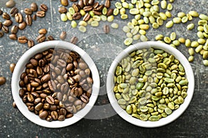 Unroasted and roasted coffee beans