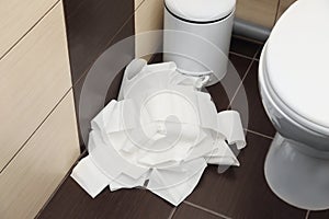 Unrolled toilet paper on floor