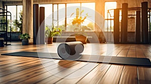 Unrolled yoga mat on wooden floor in modern fitness center or at home with big windows. Neural network AI generated