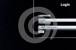 An unsafe website login window with data fields filled for a SQL Injection