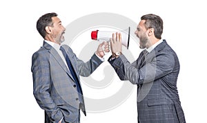 unsatisfied boss shouting at manager rival isolated on white. businessman announce a problem. attention please