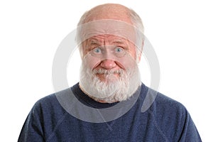 Unsatisfied old man with fake smile, isolated on withe