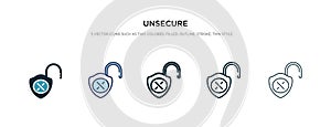 Unsecure icon in different style vector illustration. two colored and black unsecure vector icons designed in filled, outline,