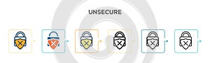 Unsecure vector icon in 6 different modern styles. Black, two colored unsecure icons designed in filled, outline, line and stroke