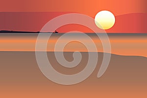 unset on the beach. sunset view with orange sea, clouds in orange red sky, photo