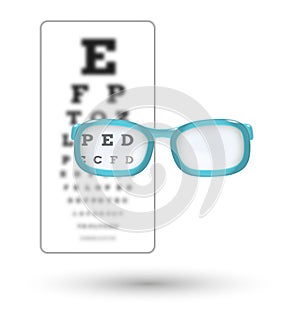 Unsharp snellen chart and sharp letter with glasses