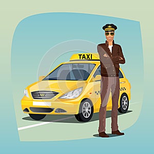 Unshaved taxi driver with yellow car